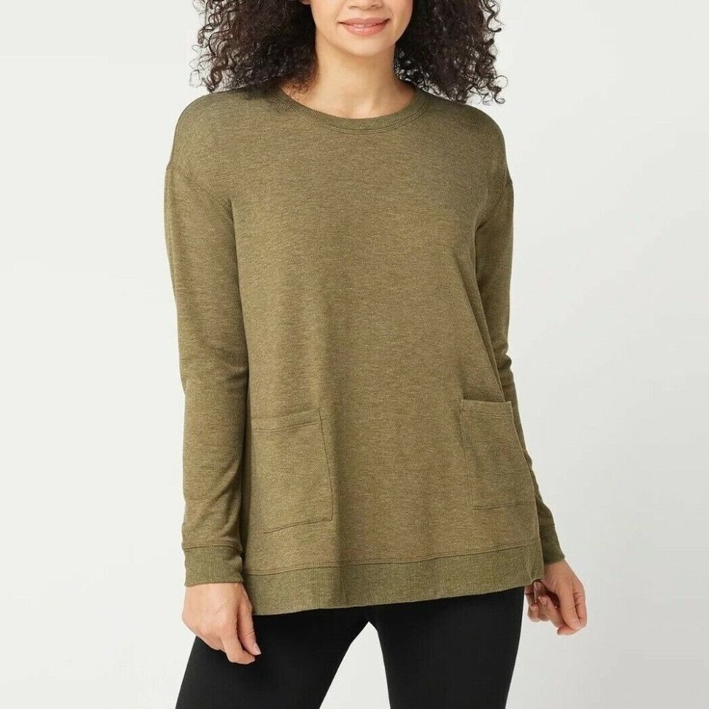 LOGO Lounge by Lori Goldstein Relaxed Top XS Chiffon Panel Dark Olive A343838